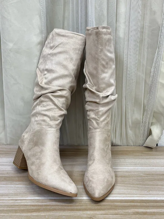 

Ele Pure Color Pointed Toe Women's Boots Faionable Commuter High Top Chunky Heel Faion Boots New Sle Youth Suitable