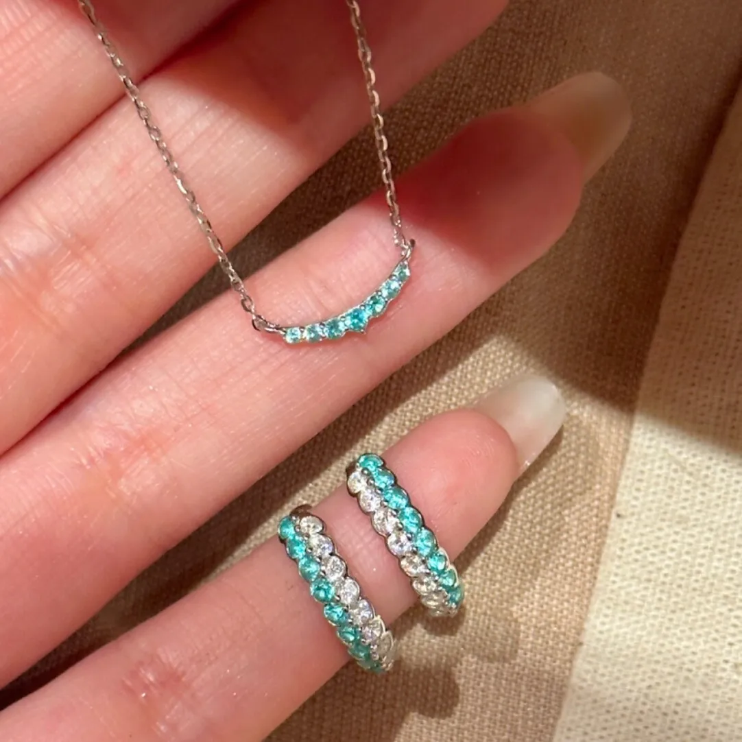 New Mint Paraiba Earrings Necklace Ring Smiling Geometric Light Luxurious and High-end Feeling view 2