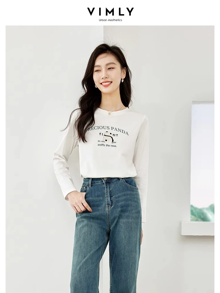 

Vimly Casual Round Neck Tshirt Woman Spring Letter Printed Straight Women's Long Sleeve Top Embroidery Cotton Pullovers M6558