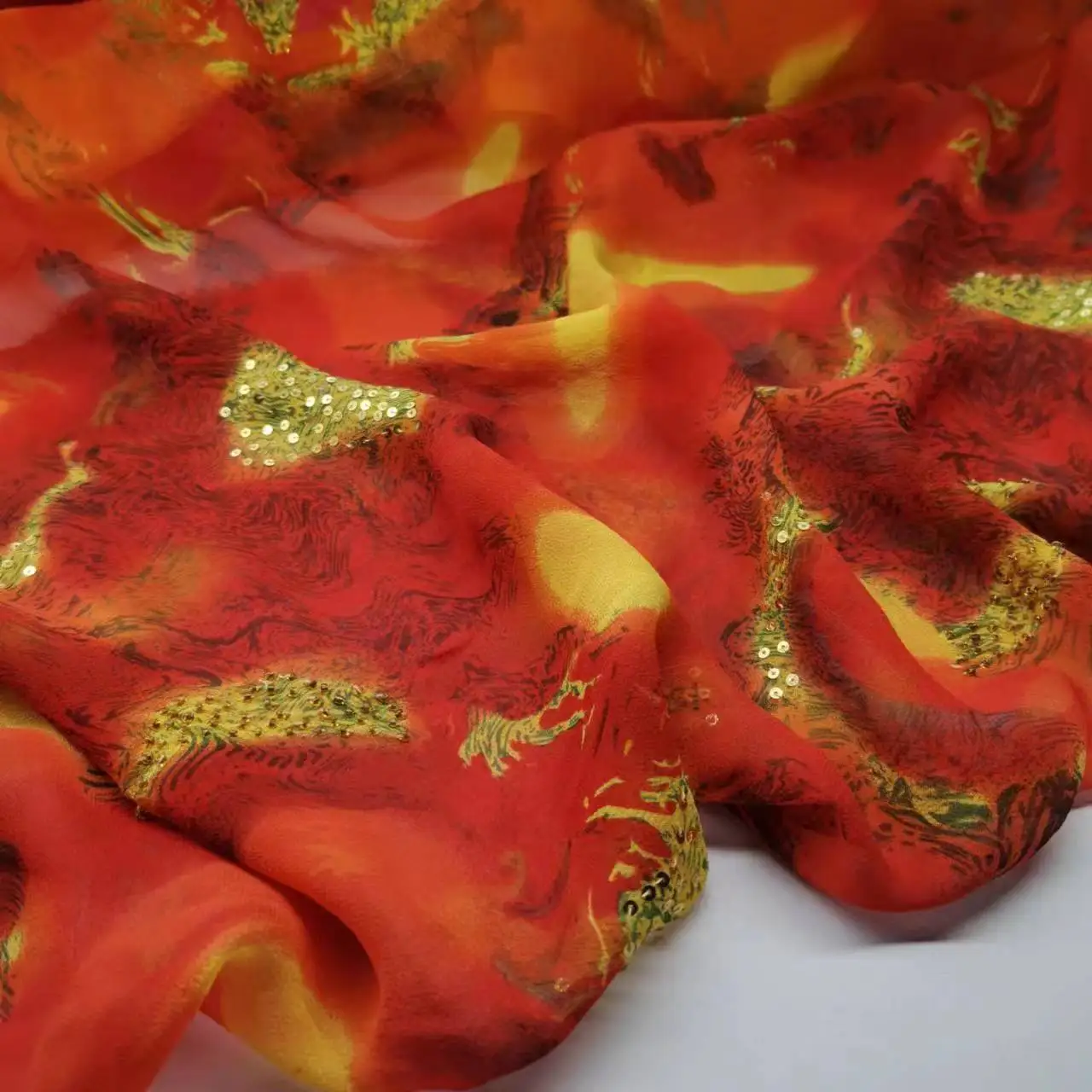 

Доступны с 5 узорами, тонкая шелковая ткань с цветочным принтом для летнего платья, блузки, брюк, расшитые бисером и блестками, материал для шитья своими руками R1941