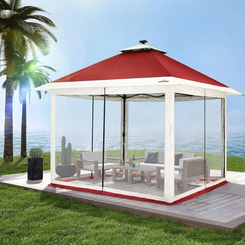 12x12 Gazebo, Instant Pop Gazebos Canopy with Solar LED Lights, Zippered Mesh Mosquito Netting, Wheeled Roller Carry Bag, Gazebo