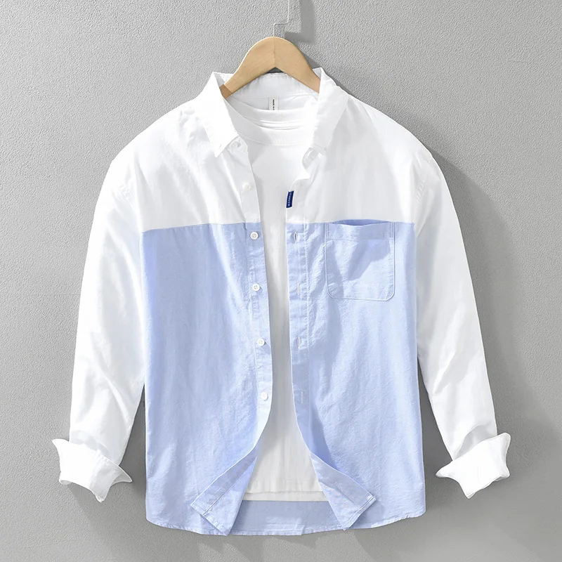 Men's Oxford Casual Shirt Splicing Color Cotton Button Down Collar Shirts Long Sleeve Dress Shirts With Pocket