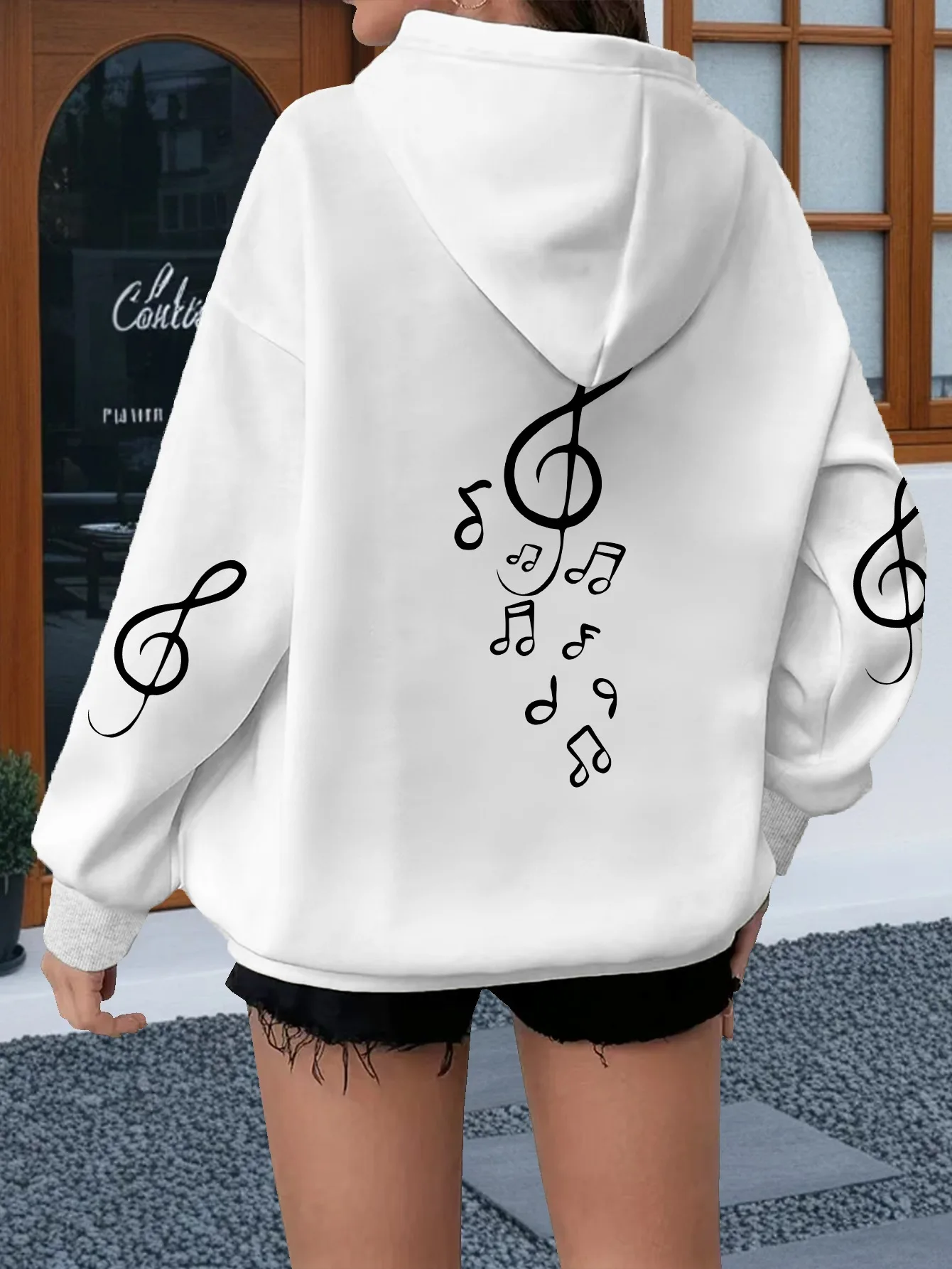 Women Loose Hooded Sweatshirt Musical Note Treble Clef Graphic Print Long Sleeve Casual Daily Street Pullover Tops