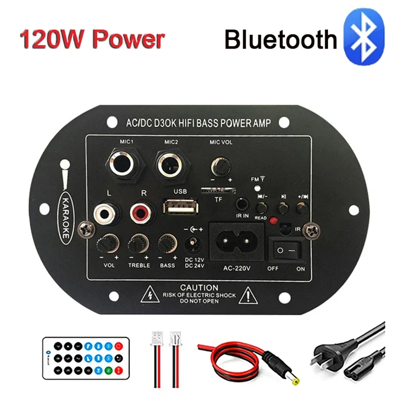 

Усилитель звука Bluetooth Board 120W сабвуфер, Двойной микрофонный AMP модуль для динамика 4 Ом 8-12 дюймов 12/24 В 110/220 В