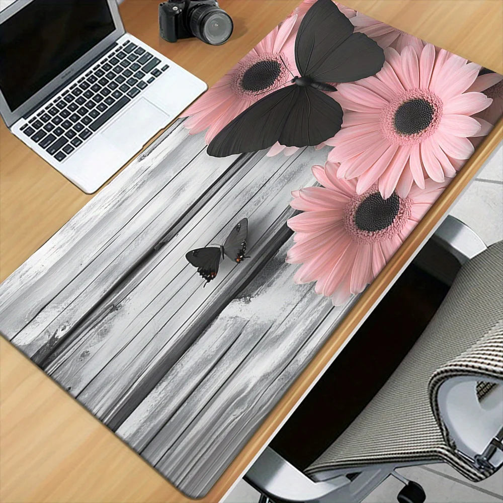 Black Butterfly Pink Daisy Desk Mat Large XXL Non-Slip Rubber Gaming Mouse Pad Office