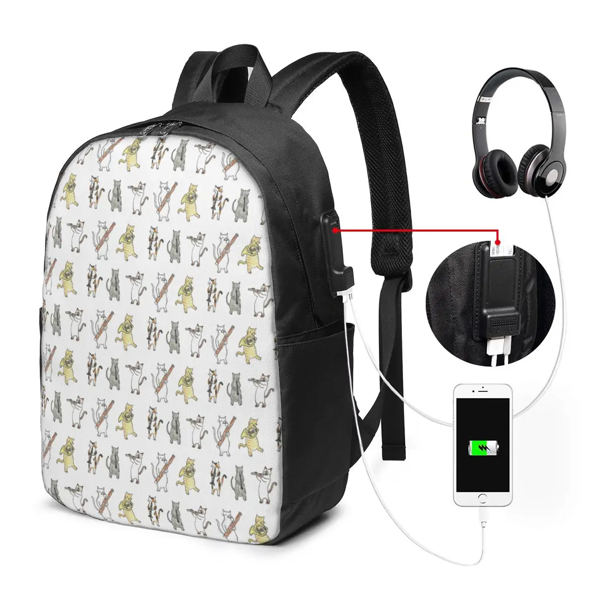 Cat Orchestra Kitten And Music Design Backpack Travel Notebook Bag Computer College Student School Bag Laptop Shoulder Bags