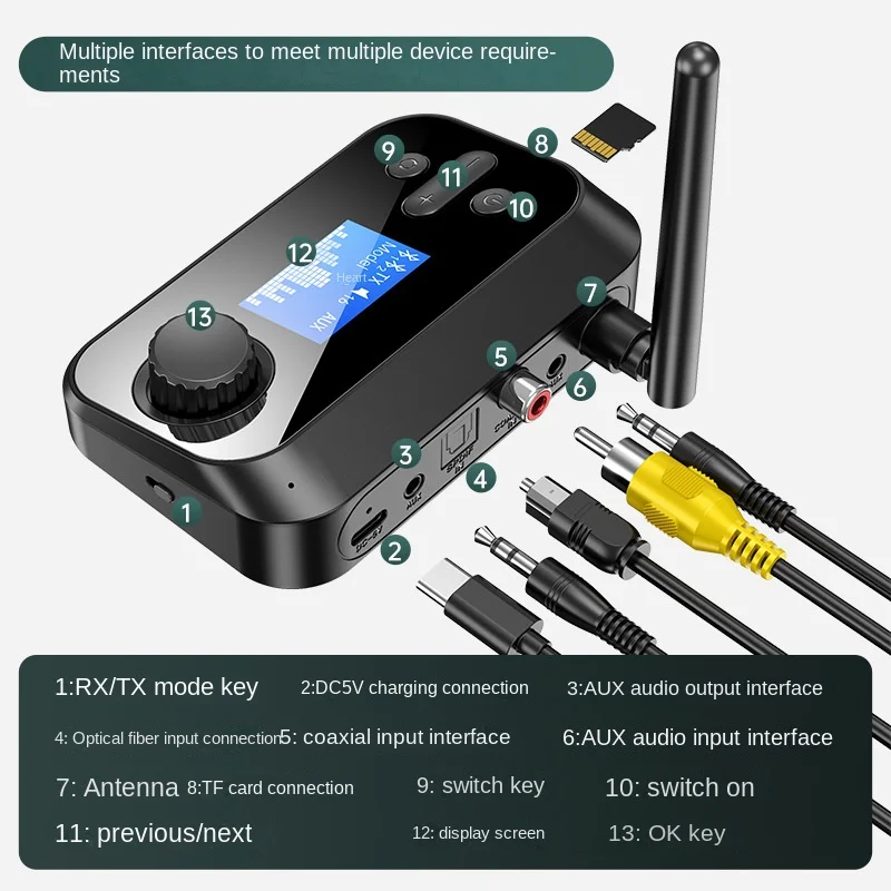 with Screen Fiber Coaxial Bluetooth 5.0 Audio Receiver and Transmitter Adapter with Tf Card Mp3 Player One to Two