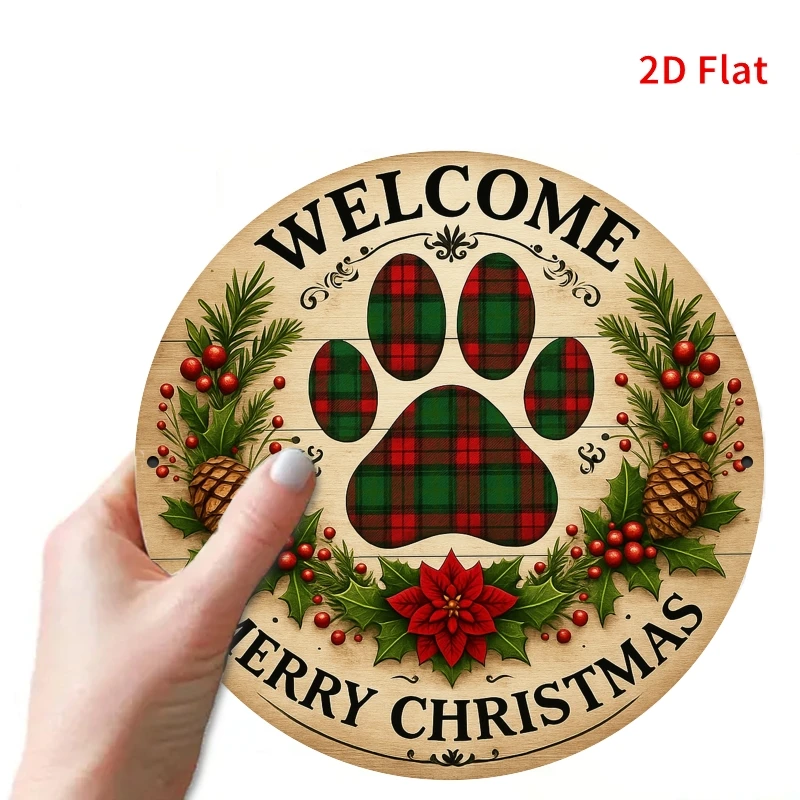 2D Flat, 2D Flat Wooden Sign, 1pc, Christmas Paw Print Welcome Sign, Suitable for Front Door, Porch, Living Room, Bedroom, Home
