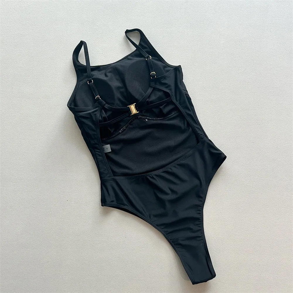 Solid Black Backless Swimwear Woman One Piece Sexy Swimsuit 2026 Metal Ring Beach Bathing Swimming Suit Wear Monokini Bathers