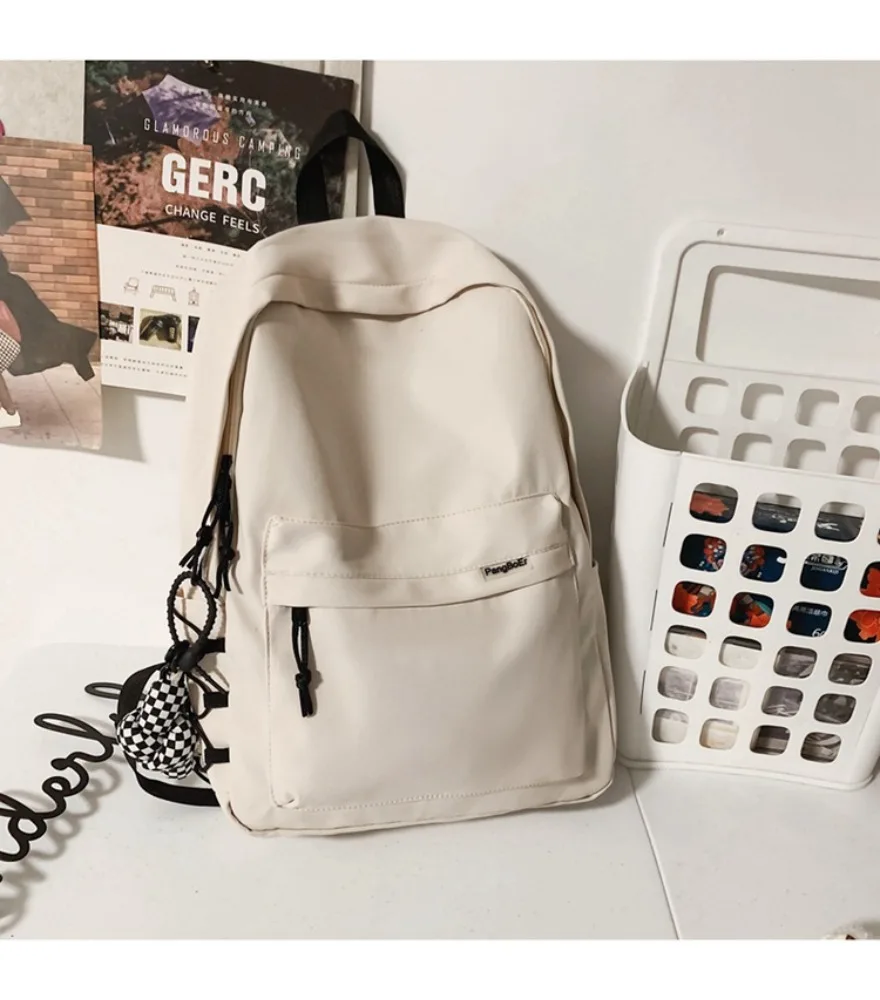 Off white ins style student backpack single front slip pocket with brand label checkered accessory charm lightweight soft fabric