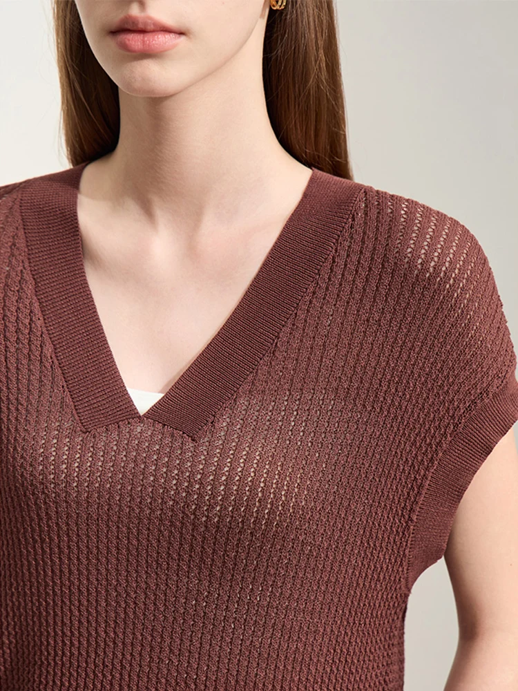 Amii-suéter de punto minimalista para mujer, camiseta de punto raglán de manga corta con cuello en V, jerséis holgados con agujeros, Tops 2024