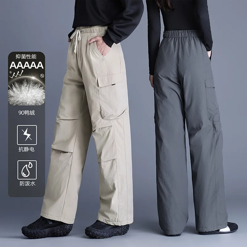 Calça feminina 90% pato branco para baixo, à prova de vento, cintura alta, térmica, bolsos de inverno, carga, caminhadas ao ar livre, PT-660