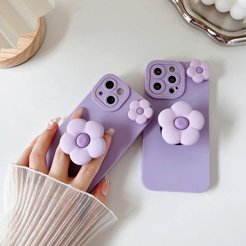 Cute Daisy Flower Holder Case for Samsung Galaxy A02s A12 A22 A32 5G A52 A72 A13 A23 A33 A53 A73 Soft Lavender Stand Cover 