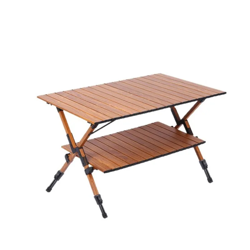 New Multi-functional Roll Top Table Double Layer Cross Leg Folding Desk for Camping Picnic
