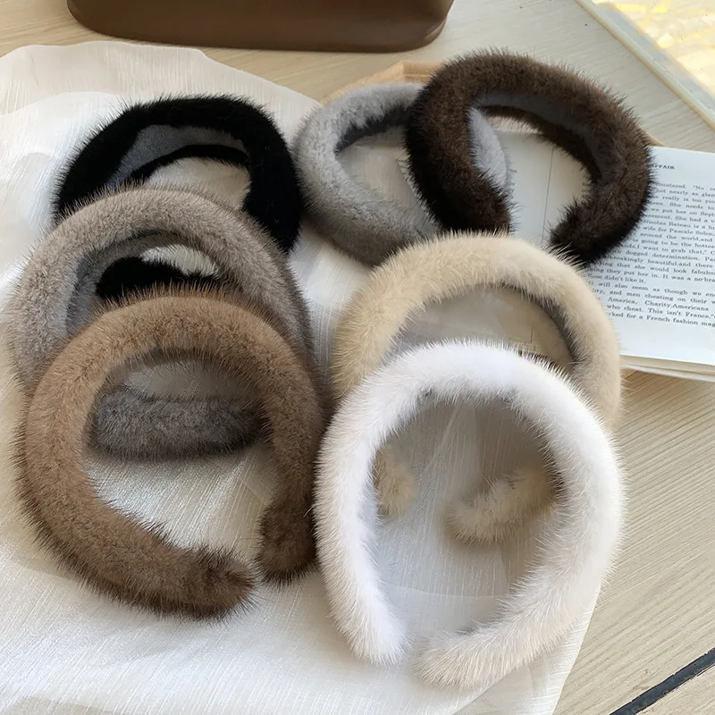 New Winter Real Mink Fur Headband For Women Hair Accessories Solid Head Wraps Warm Furry Gift