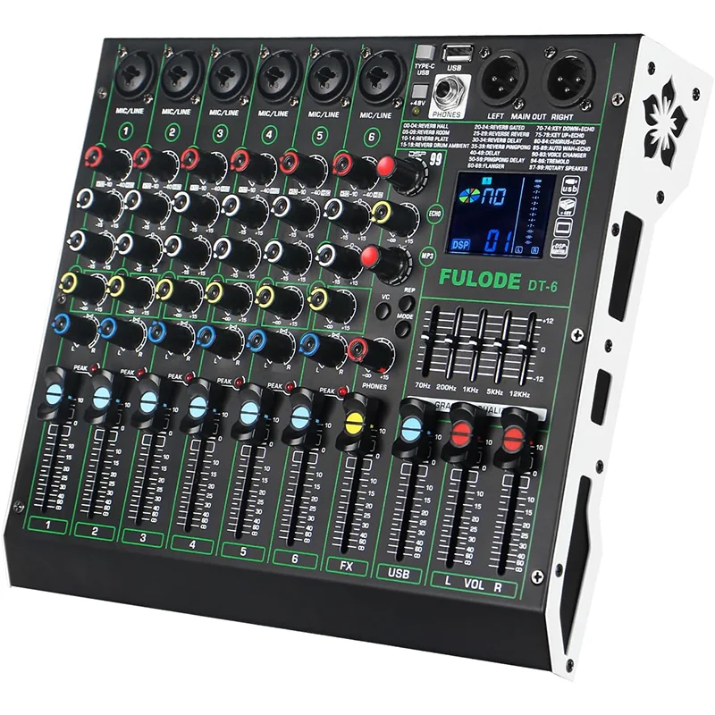 Mezclador de audio DJ profesional 6 canales con 99 efectos DSP Bluetooth 48V potencia fantasma y cancelación vocal