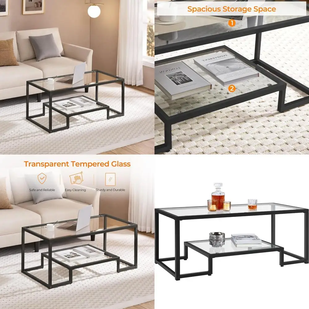 

Contemporary Glass Coffee Table with Geometric Design, Metal Legs, Easy Assembly, Open Storage for Living or Office Space, Black