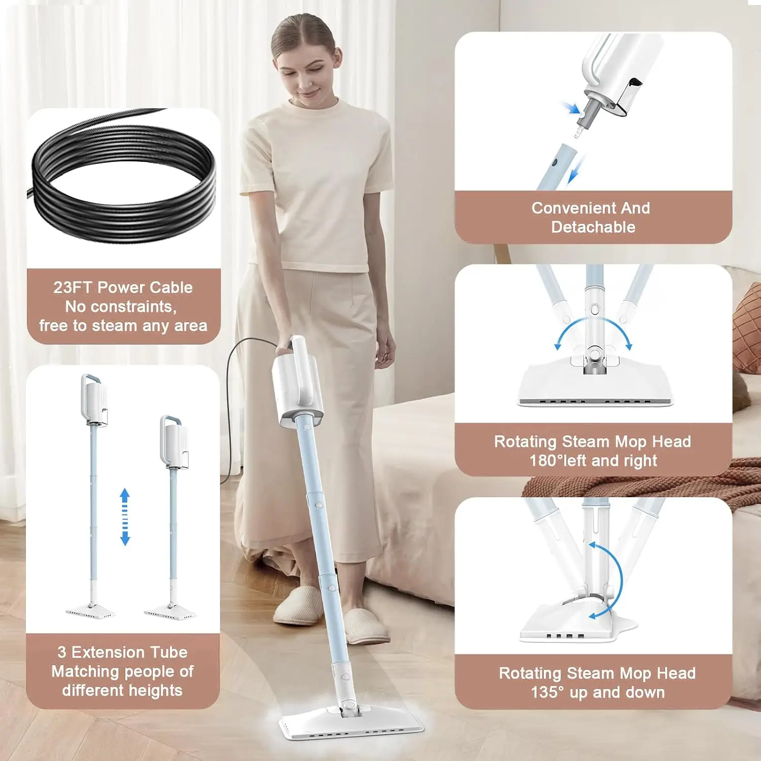 Steam Cleaner, 6 in1 Rotated Steam Mop Cleaner with 2 Modes, 2 Microfiber Pads, 400ML Removable Tank, 23FT Power Cable, Detachab