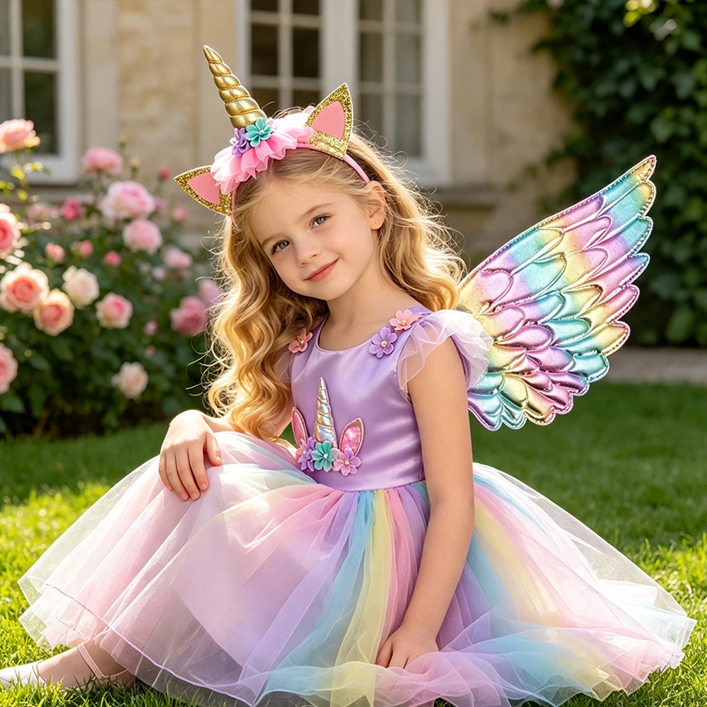 Einhorn-Kleid für Mädchen, Buchwochen-Kostüm, Kinder-Regenbogen-Kleid, Buntes Sommerkleid, Festliches Geburtstagskleid, Prinzessinnen-Halloween-Kostüm – Detail 6