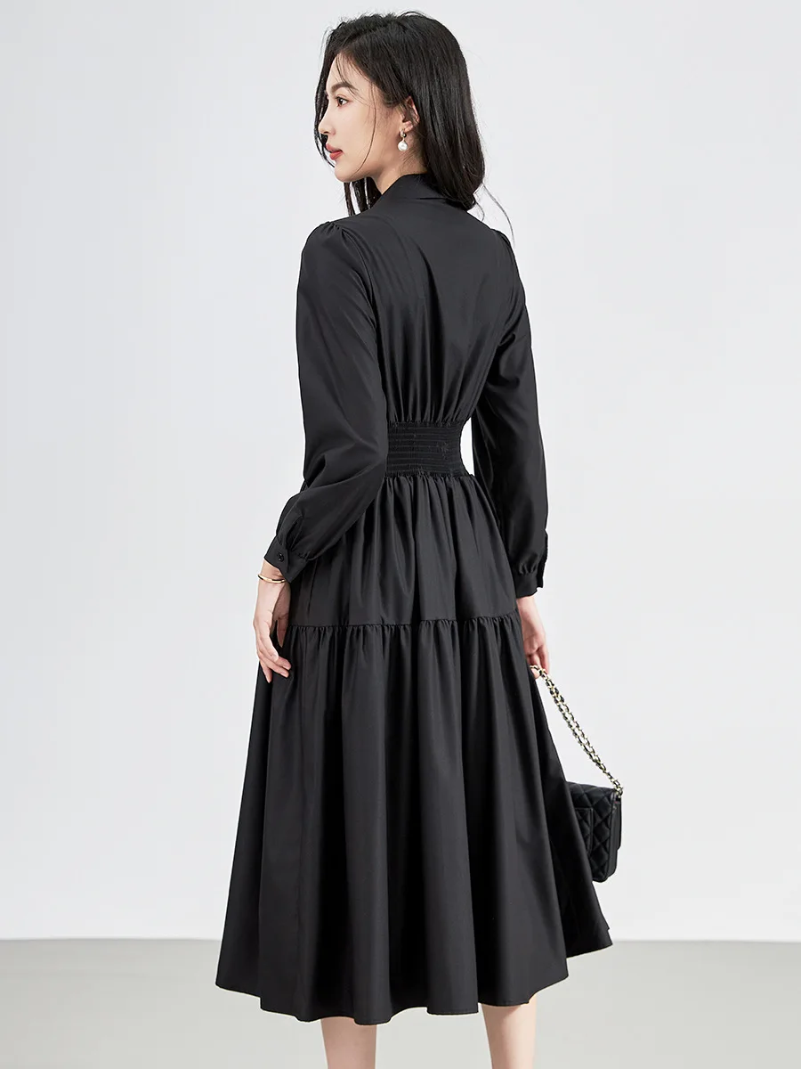 ZJYT Fashion Women Autumn Long Sleeve Midi Shirt Dress Black 2024 Turn Down Collar Brief Office Casual Dresses Elegant Vestidos