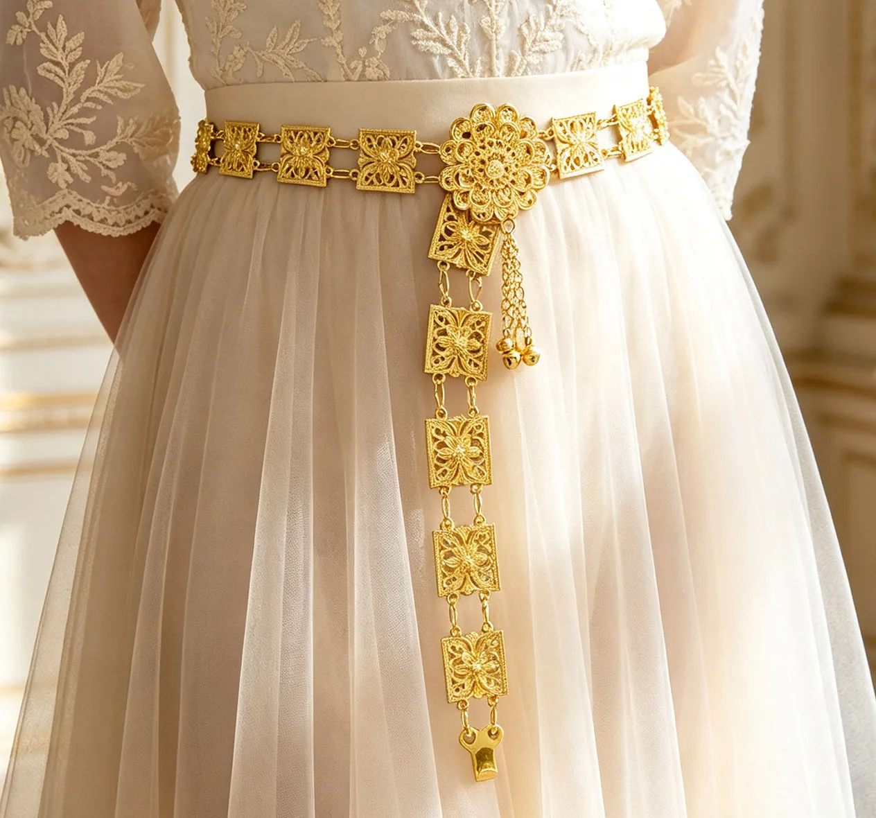 European American Retro-style Waist Accessory Creative Hollow-out square Waist Chain Versatile Gold Zinc Alloy 104cm Unisex