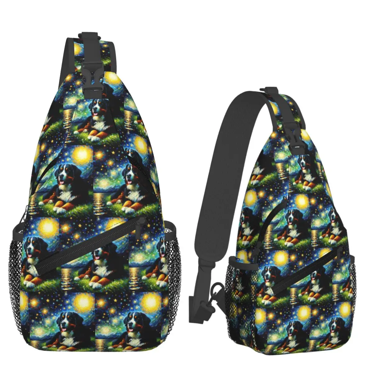 Starry Night Bernese Mountain Dog Van Gogh Lover Chest Bag Men Sling Crossbody Backpack Chest Bag Travel Daypack Shoulder Bag