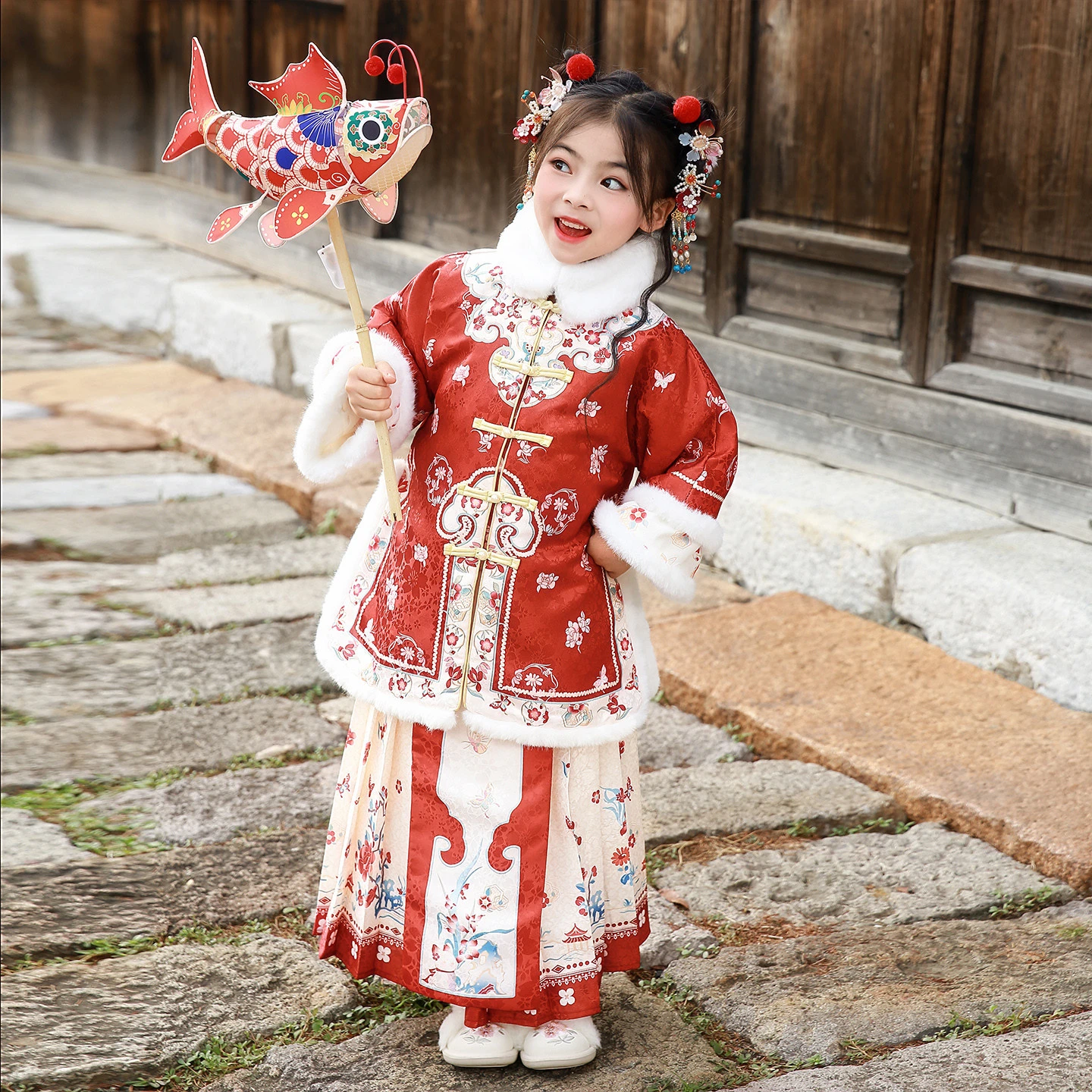 

2025 Winter New Warm Girls Chinese Ancient Princess Hanfu Horse Face Skirt Set Perform Costume Children Kids New Year Clothes