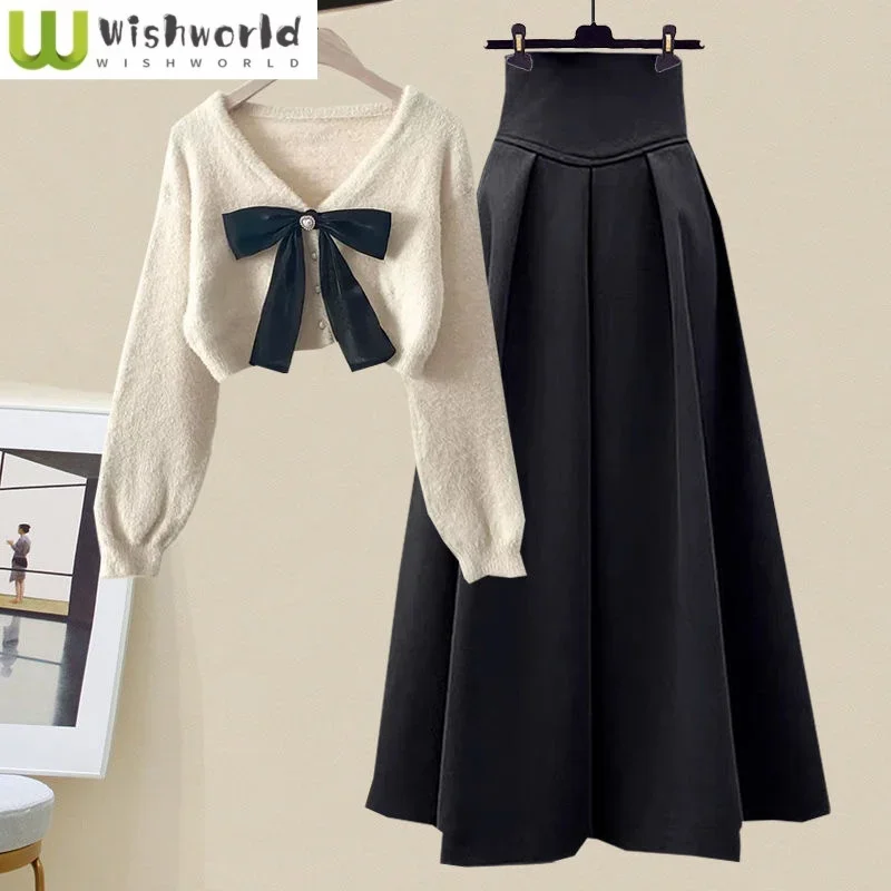 

V-neck Long Sleeved Bow Knit Sweater Cardigan Slim Fit Half Skirt Two-piece Set Elegant Women's Skirt Set Autumn Outfits