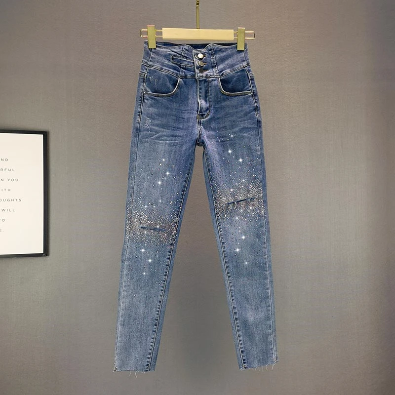 

Модные женские джинсы с высокой талией, облегающие, из денима, весна-лето, новые, с блестками, с эффектом потертости, зауженные к низу, из хлопковой эластичной ткани