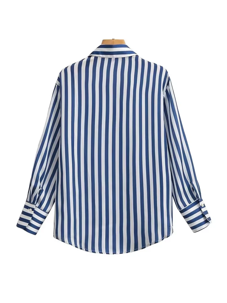 HH Women Stripe Long Sleeve Blouse Vintage Lady Top Y2K Loose Street Shirts Spring New Fashion Button Up Satin Shirt Blouse