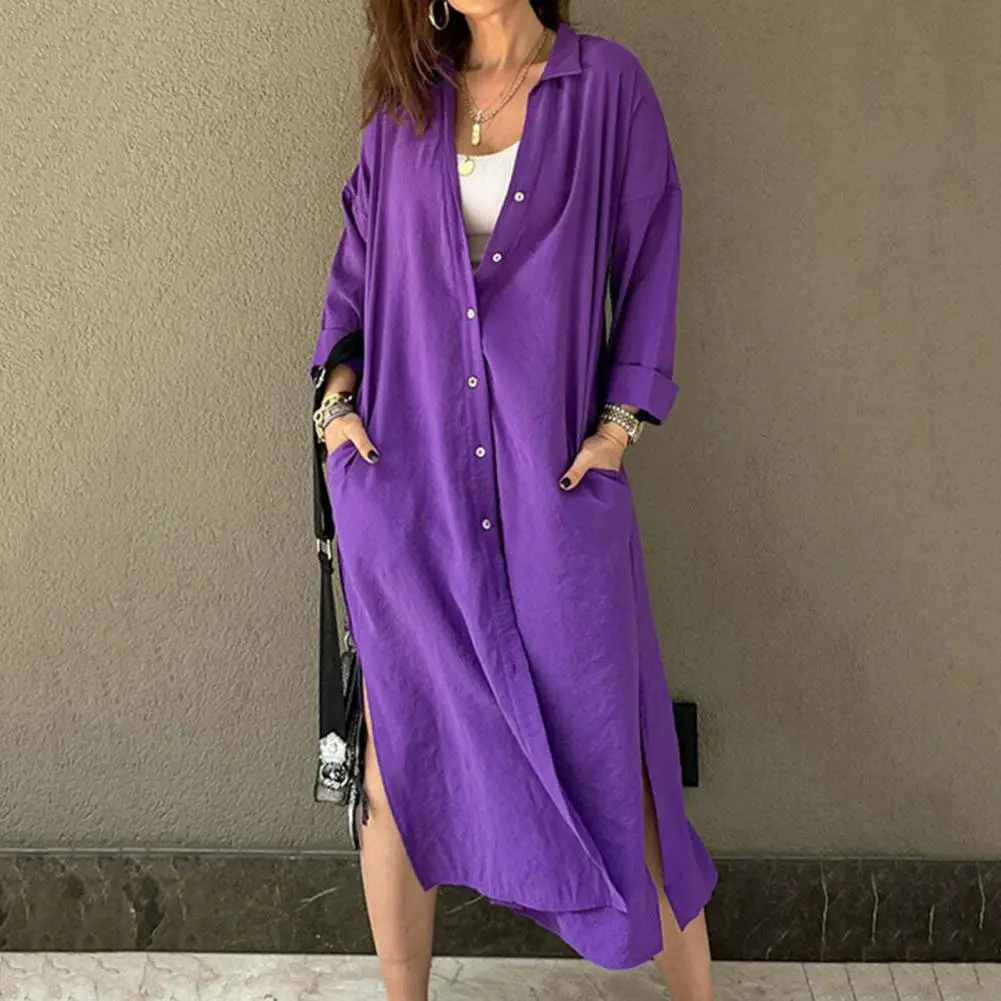 Side Slit Midi Dress Women Shirt Dress Stylish Women Lapel Shirt Dress Long Sleeve Side Split Hem Cardigan Dresses Streetwear