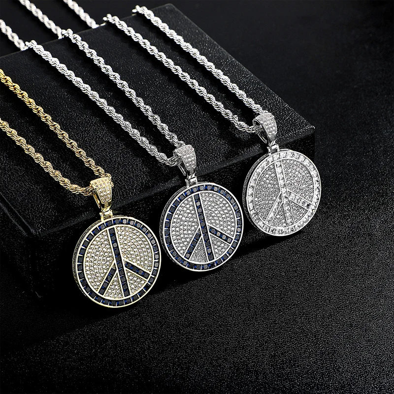 Hip Hop Micro Paved 3A+ Cubic Zirconia Bling Iced Out Peace Sign Round Pendants Necklaces for Men Rapper Jewelry