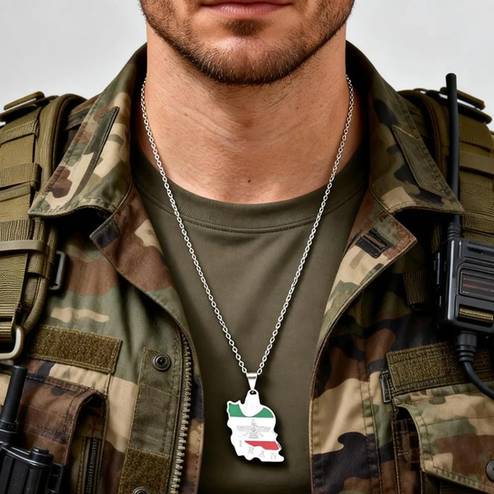 Vnox Iran Map Pendant Necklace for Men, Stainless Steel Box Chain with Flag Colors Green White Red, Patriotic Peace Jewelry Gift