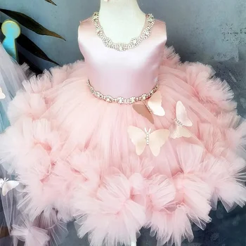 Precioso vestido rosa sin mangas con cuentas, mariposa 3D con lazo, vestido de niña de flores para boda, vestidos de fiesta de cumpleaños eucarísticos para niños