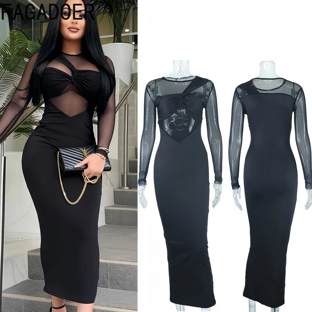 

FAGADOER Sexy Mesh See Through Patchwork Bodycon Long Dresses Women Black Long Sleeves Ruched Dress Female Streetwear Vestidos