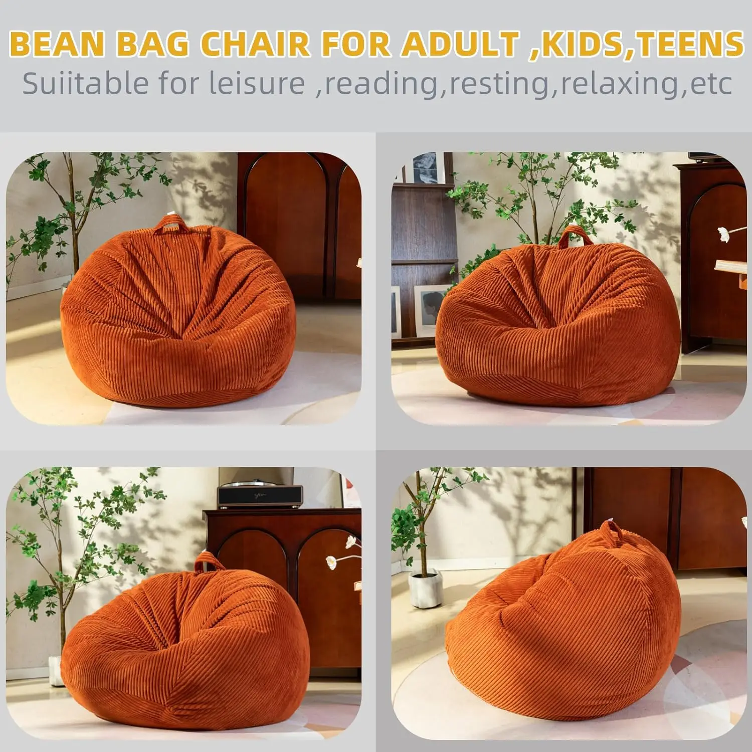 Soft Corduroy Stuffed Toy Storage Bean Bag Chair Cover for Kids Teens Adults Playroom Sofa Amber Kids Size