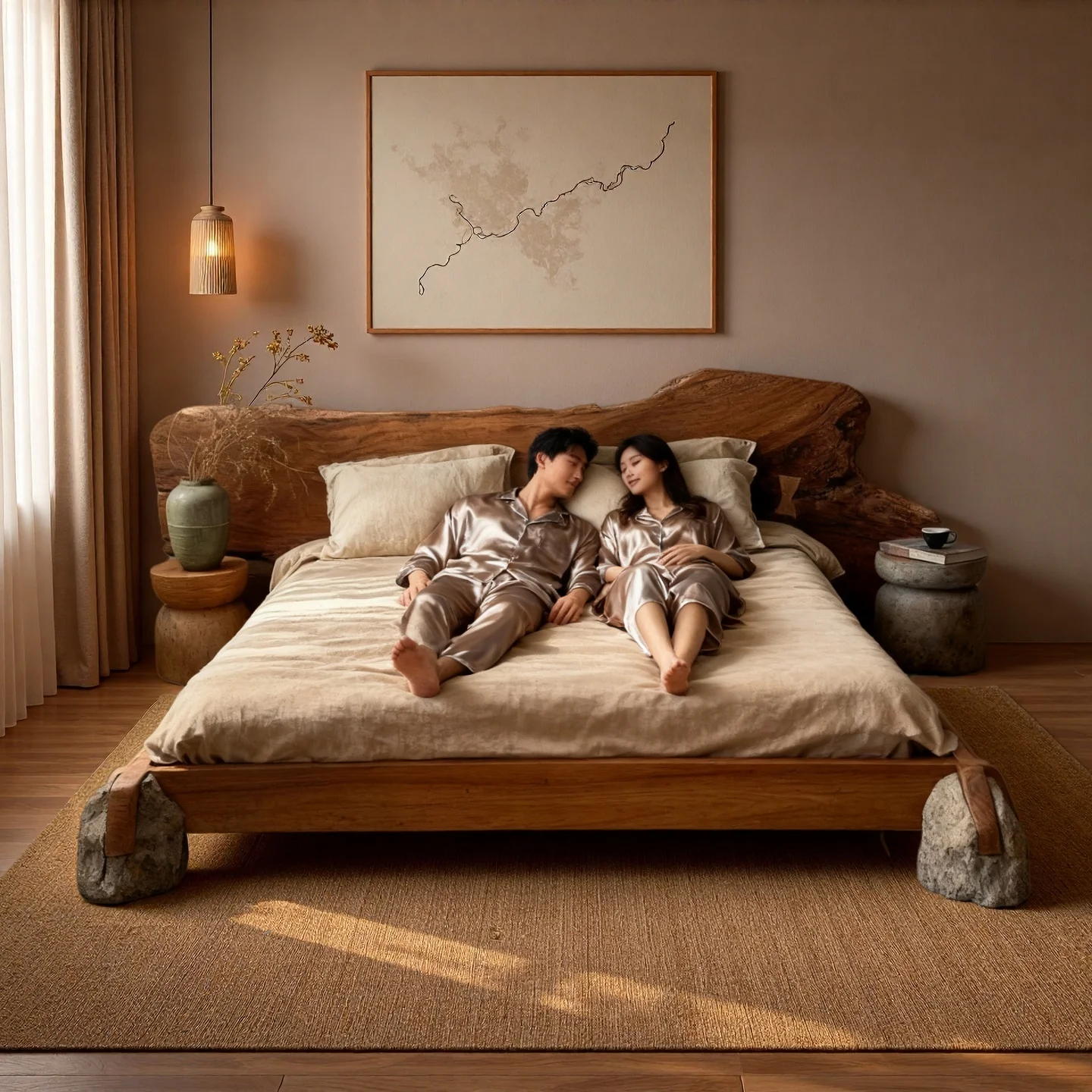 Wabi-sabi wind log bed solid wood double bed primary and secondary bedroom tatami bed and breakfast hotel weathered wood stone f