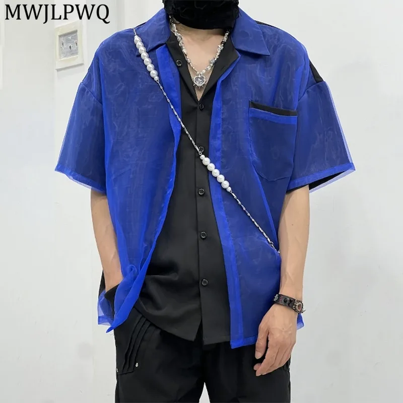

MWJLPWQ Fake Two Piece 2025 New Short Sleeve Shirt Men's High Street Lapel Single Breasted Women Loose Simple Niched Tops 11685