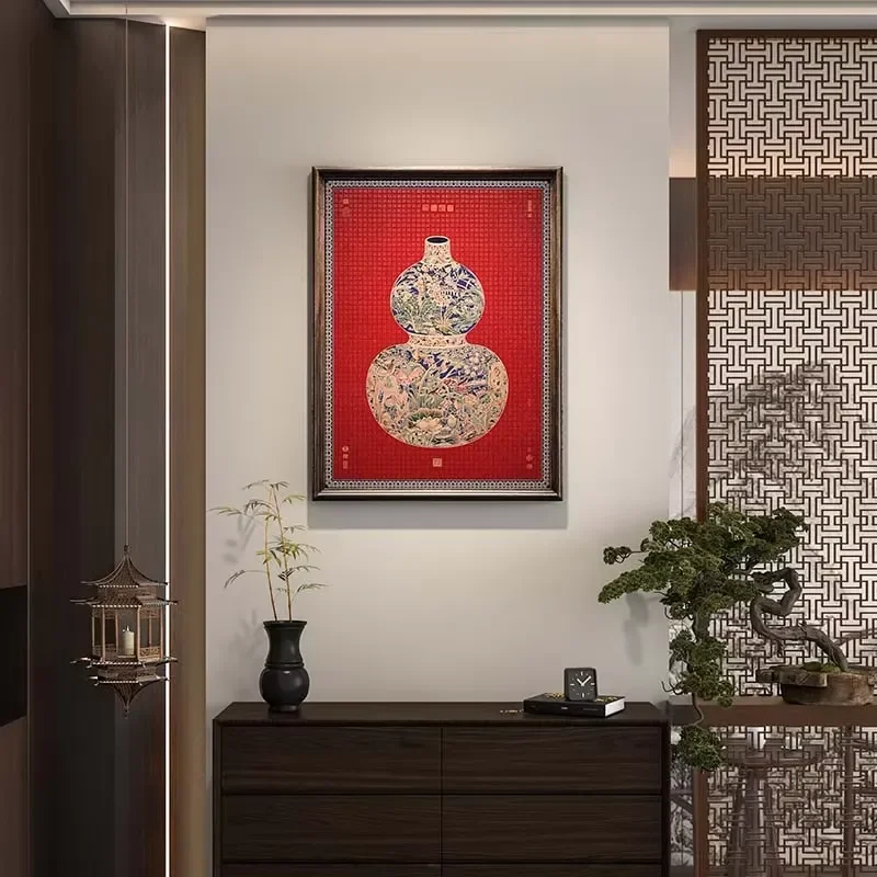 Hundred Fu Gourd Vase Brass Art Deco Hanging Chinese Auspicious Wall Decor with Mortise & Tenon Frame for Living Room &