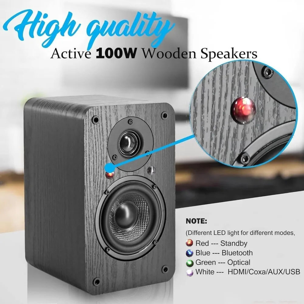 

100 Watts Surround 7.1"D x 5.8"W x 9.85"H Speaker Powered Bookshelf Speakers Wireless RMS Bluetooth eARC Home Theater Music