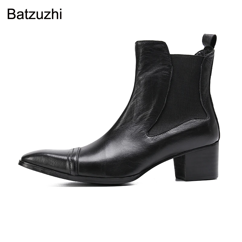 Batzuzhi Men's Boots 6cm High Heel Soft Black Genuine Leather Ankle Boots Men Slip On Knight, Party, Business Botas Hombre!38-47