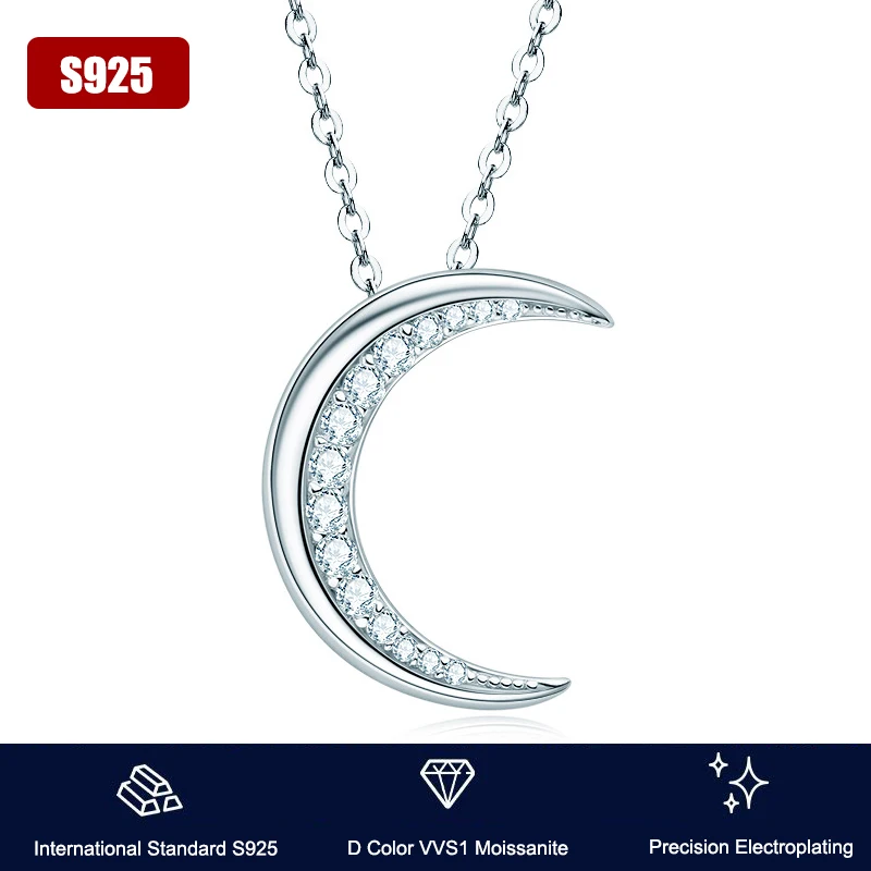 925 Sterling Silver Jewelry D Color VVS1 Clarity Moissanite Diamond Moon Pendant Necklace with Twinkle Moissanite