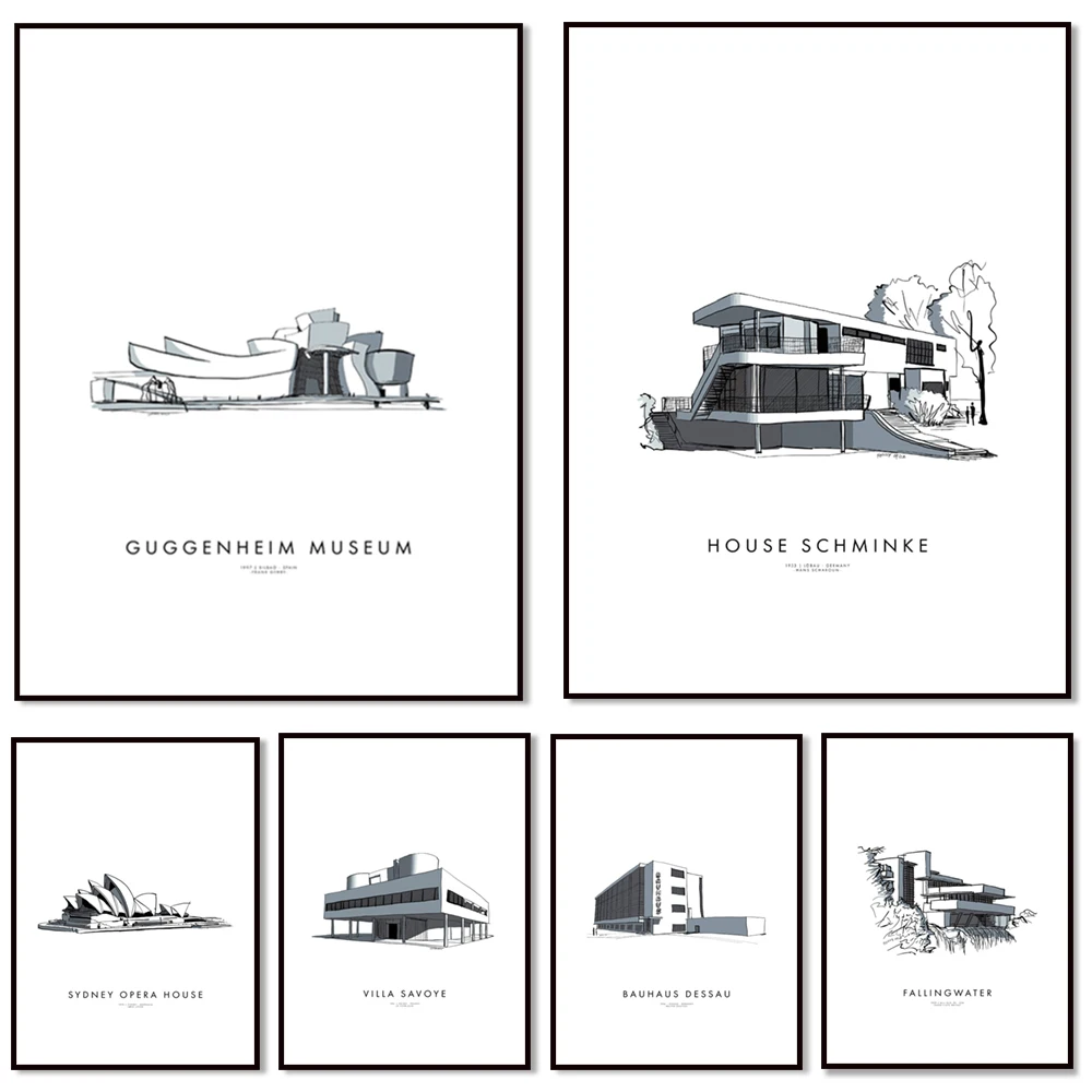 برج ايفل في باريس، فيلا سافوي، ساجرادا فاميليا، متحف جوغنهايم، ملصق رسم معماري باوهاوس ديساو #1