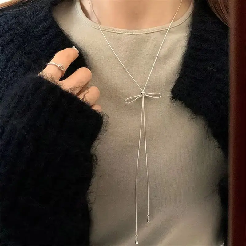 Simple Bowknot Drawstring Long Necklace for Women Korean Fashion Sweater Chain Trend Jewelry Accessories Gifts