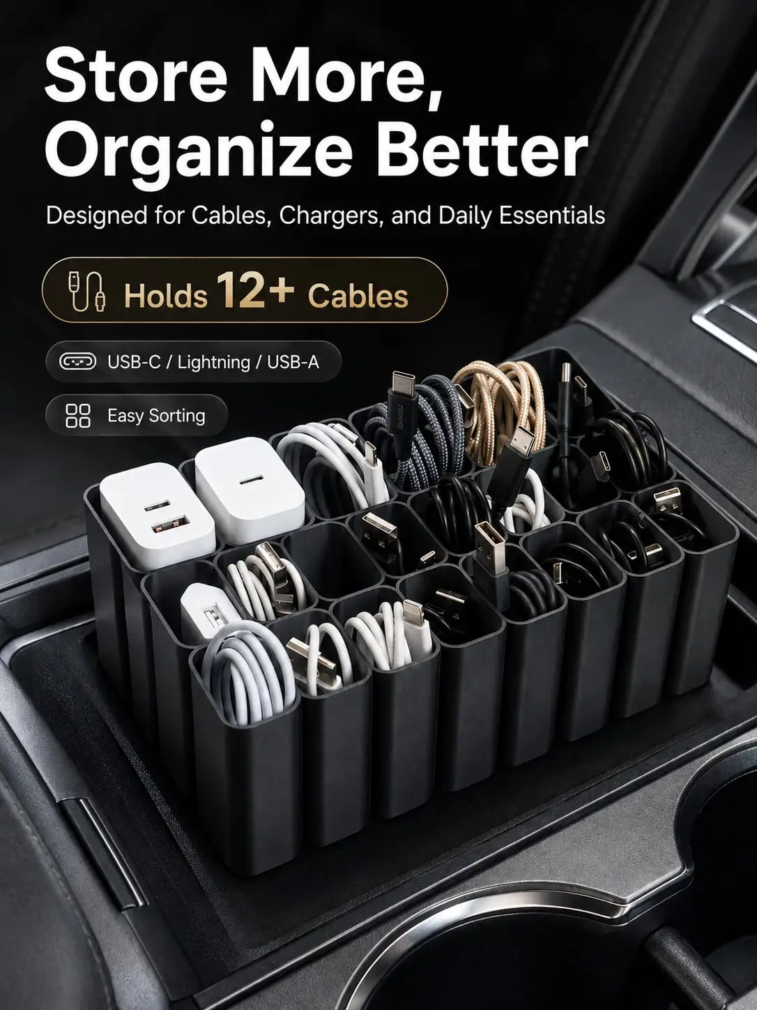 11/22-Slot USB Cable Organizer Tray Plastic Drawer Storage Box for Car Console Armrest Home Office Desk Gift