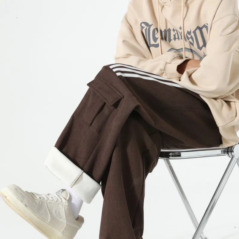 

Men's Fce Lined Thiened Autumn Winter Casual Pants Loose Wide Leg American Retro Striped Straight Leg Comfortable Trousers