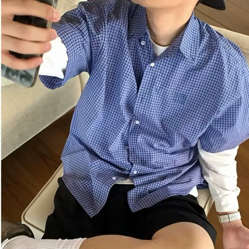 

Летняя мужская повседневная клетчатая одежда большого размера ort Sve irt с вышивкой, кардиган-стойка, молодежная трендовая летняя одежда