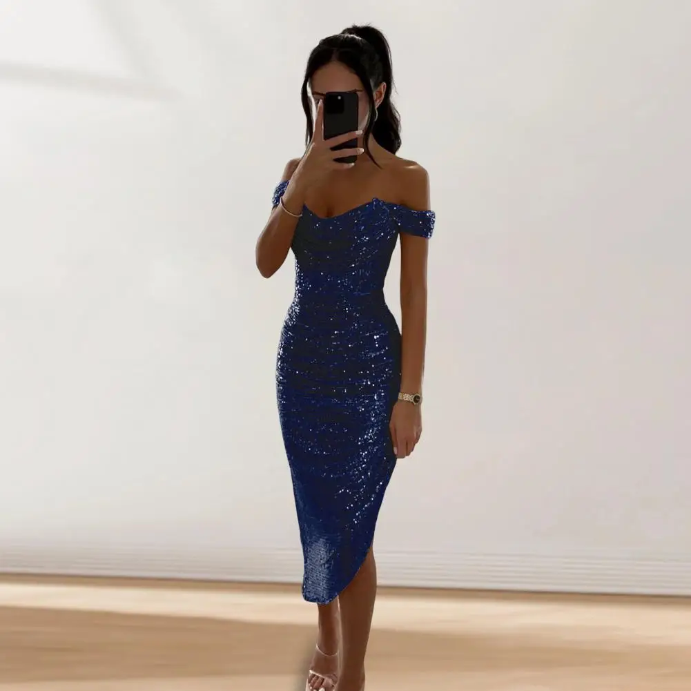 Sequined Evening Gown Elegant Sequin Off Shoulder Evening Dress for Prom Wedding Party Slim Fit Midi Dress with Irregular Hem