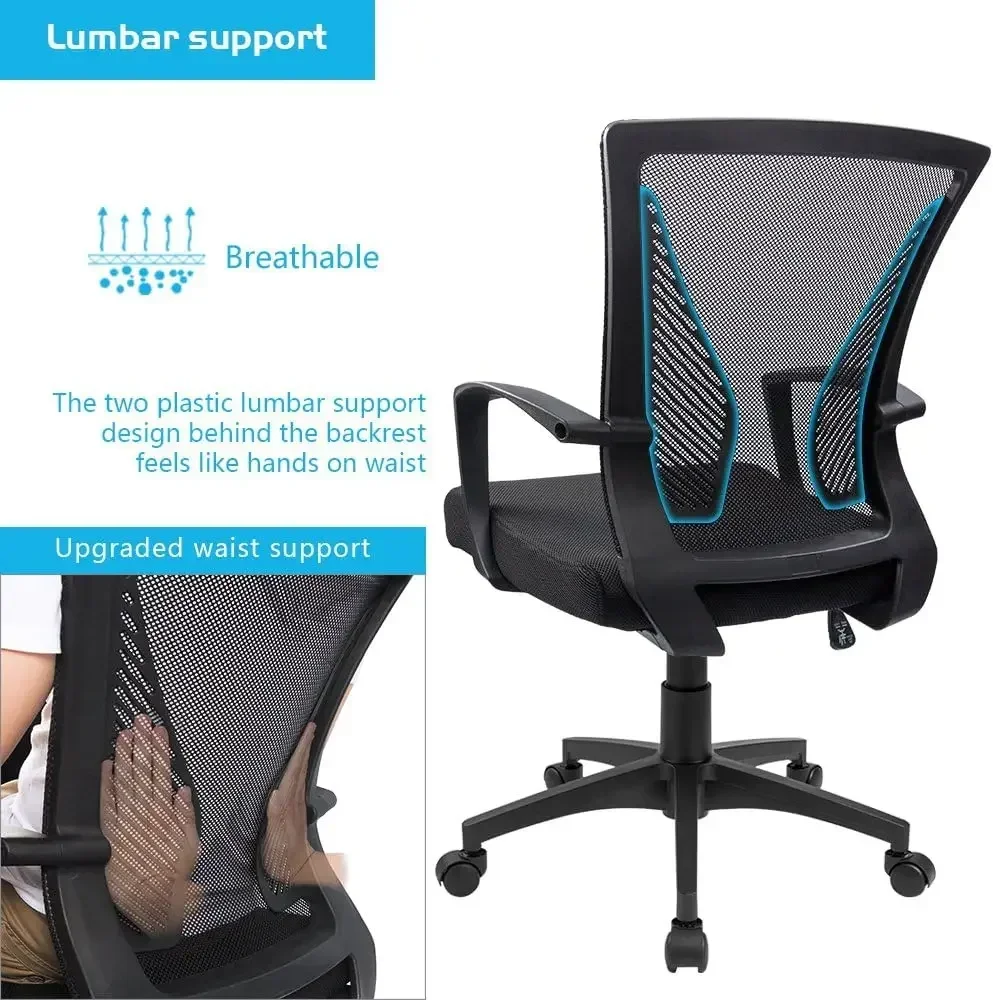 Silla de oficina con respaldo medio, silla de escritorio con soporte lumbar giratorio, malla ergonómica para computadora con reposabrazos (negro)