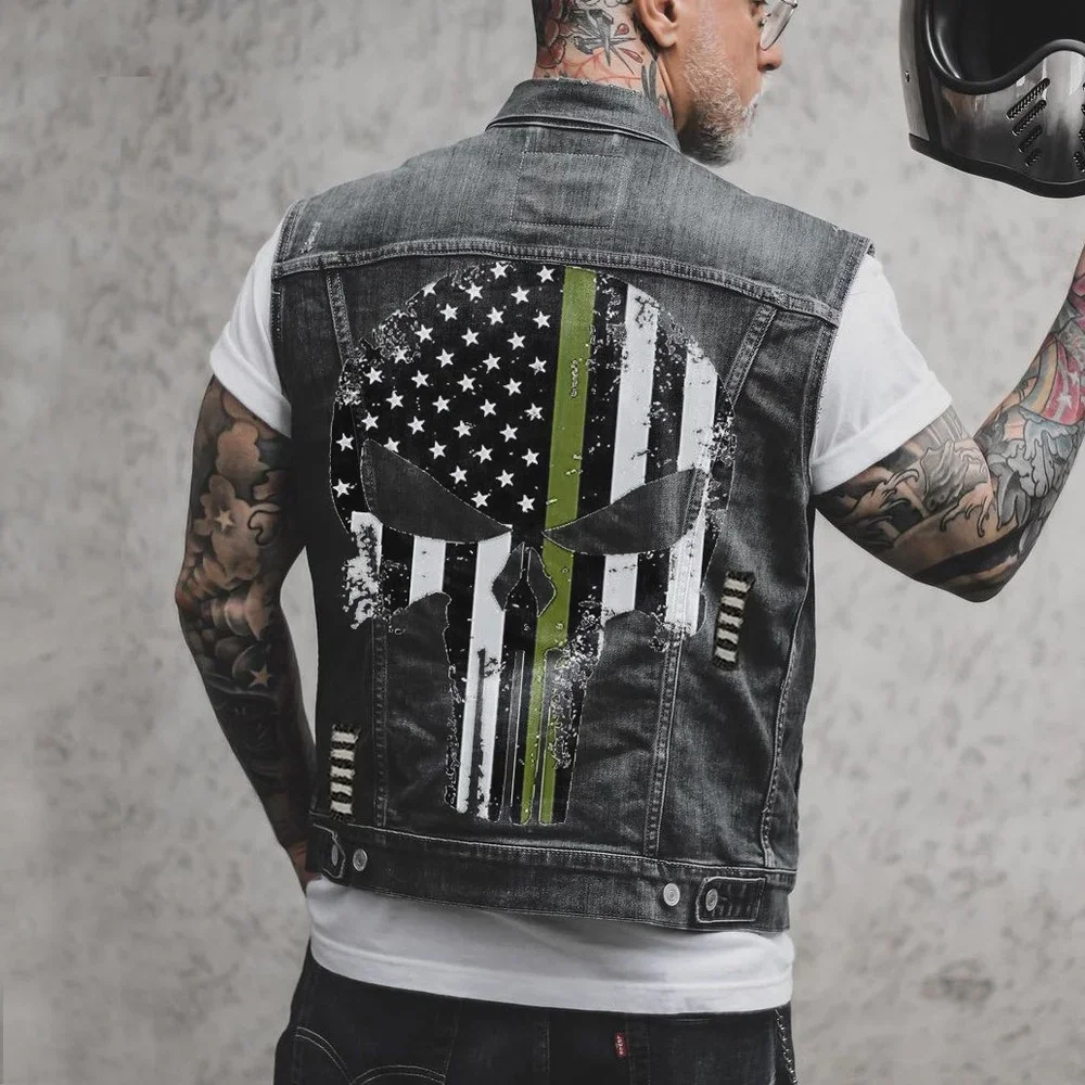 

Skull Jean Jacket Men Motorcycle Denim Vest Large Size Spring Summer Streetwear Waistcoat Lugentolo